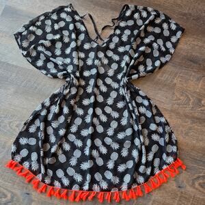 Black & White Pineapple Print Orange Tassels Cover up Medium